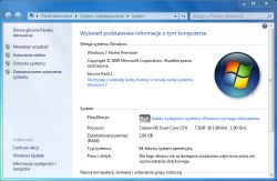 Zrzut ekranu z menu System w systemie Windows 7 Home Premium pokazujący szczegóły komputera, w tym procesor i ilość pamięci RAM.
