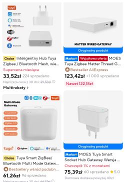 Screenshot showing four different Zigbee and Bluetooth gateways from a shopping platform
