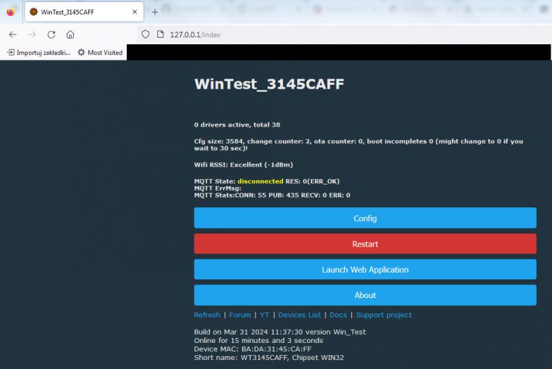 OpenBeken IoT Simulator Page OpenBeken IoT simulator homepage with device status information and configuration buttons.