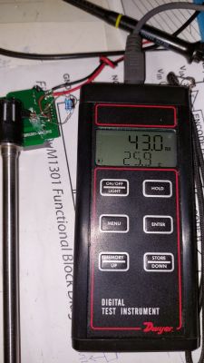 Dwyer digital test instrument displaying humidity and temperature readings.
