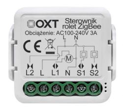 Sterownik rolet ZigBee marki OXT z oznaczeniami wejść i schematem podłączenia na obudowie.