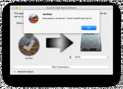 Okno dialogowe w aplikacji macOS High Sierra Patcher z komunikatem weryfikacji.