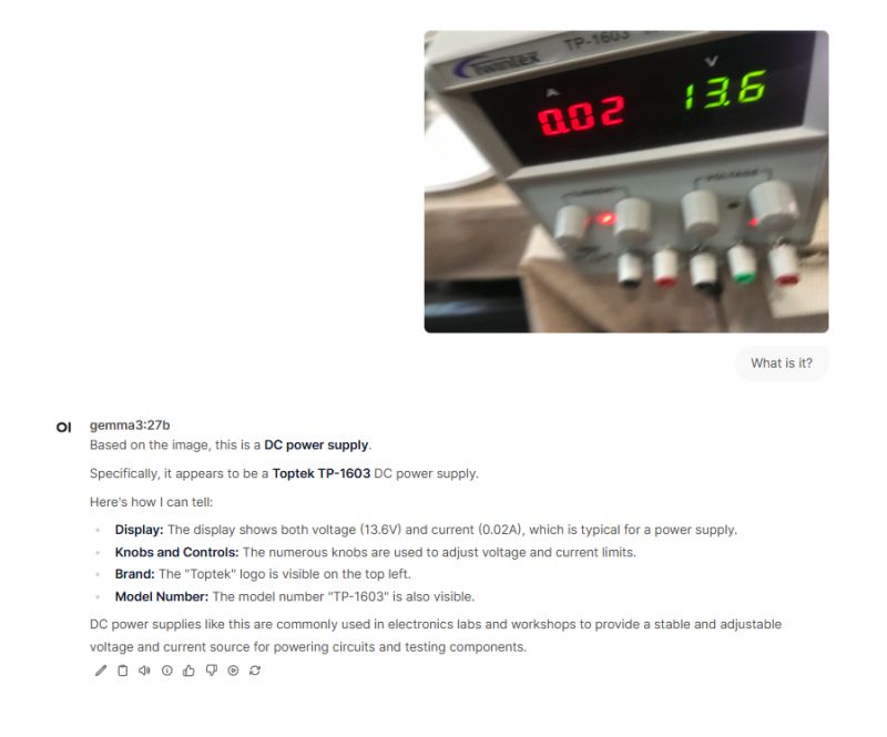 TP-1603 DC Power Supply TP-1603 DC power supply with a display showing voltage and current.