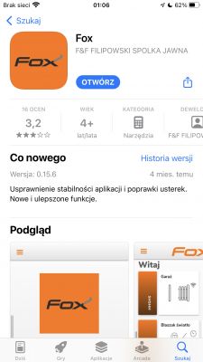 Screenshot of the Fox app page in the App Store on iPhone, showing a 3.2 rating and the Open button.