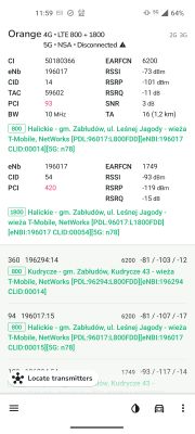 Zrzut ekranu z aplikacji NetMonster pokazujący szczegóły połączenia LTE sieci Orange na częstotliwościach 800 i 1800 MHz, zawierający parametry sygnału i listę najbliższych nadajników.