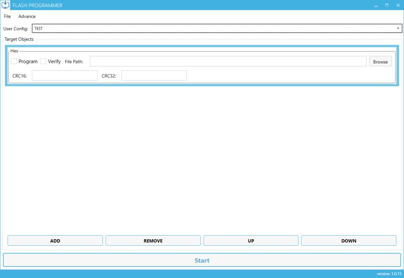 FLASH PROGRAMMER Software Interface Screenshot of FLASH PROGRAMMER software interface for programming flash memory.