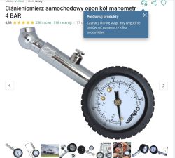 Manometr VERGO do opon samochodowych, analogowy, podwójna skala PSI i BAR