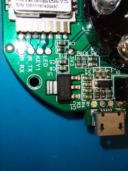 Close-up of the AVATTO S16 IR transmitter circuit board showing connection pads and electronic components.