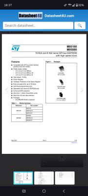 Zrzut ekranu karty katalogowej EEPROM M95160/M95080 firmy STMicroelectronics