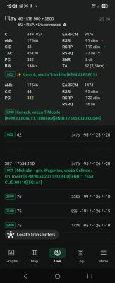 Zrzut ekranu z aplikacji NetMonster z pomiarami sygnału sieci Play 4G LTE.