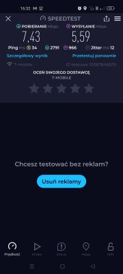 Wynik testu prędkości internetu mobilnego T-Mobile z prędkością pobierania 7,43 Mbps i wysyłania 5,59 Mbps.
