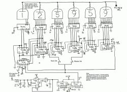 Schemat zegara z sześcioma lampami Nixie pokazujący połączenia elektryczne i komponenty jak dekodery, liczniki i zasilacze.