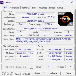 Zrzut ekranu programu CPU-Z z informacjami o procesorze AMD Ryzen 5 5600.