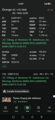 Zrzut ekranu z aplikacji diagnostycznej sieci mobilnej pokazujący parametry sygnału Orange 4G i 5G NSA.