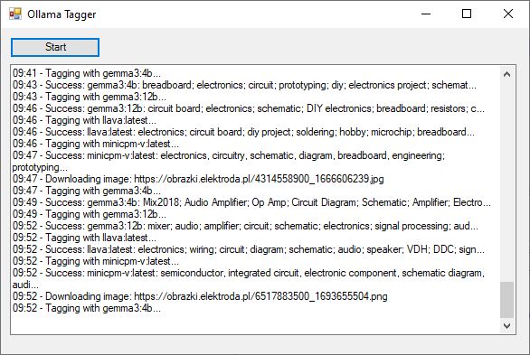 Okno programu Olama Tagger z listą przetworzonych obrazków i etykiet