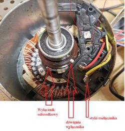 Wnętrze silnika elektrycznego z zaznaczonym wyłącznikiem odśrodkowym, dźwignią wyłącznika i stykami rozłącznika.