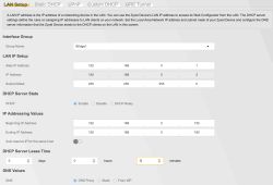 Zrzut ekranu „LAN Setup” z ustawieniami IP 192.168.0.2/24 i DHCP 192.168.0.150–180