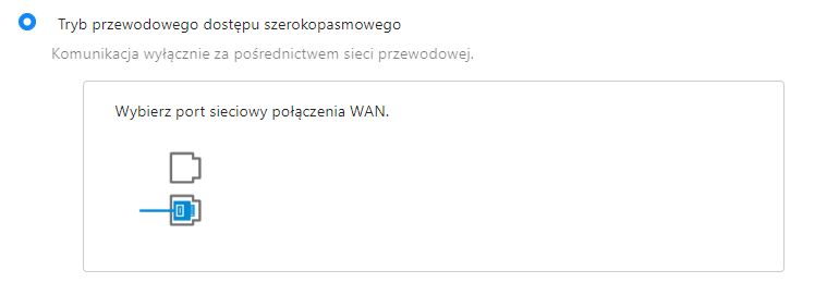 Zrzut ekranu z ustawień routera, wybór portu WAN w trybie szerokopasmowym