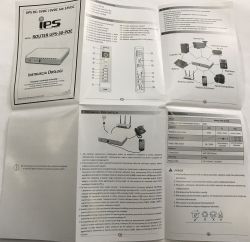 Opened manual for Router UPS-30-POE showing panel diagrams and a specifications table