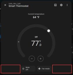 Della Mini Split thermostat UI in Home Assistant with temperature display and mode and fan controls, plus two empty boxes at the bottom.