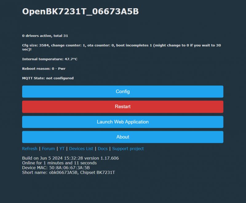 OpenBK7231T Interface with Configuration Buttons Screenshot of the OpenBK7231T interface with configuration buttons.