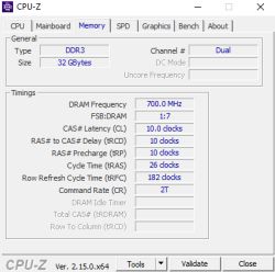 Zrzut ekranu z programu CPU-Z pokazujący parametry pamięci RAM DDR3, w tym częstotliwość 700 MHz i tryb Dual Channel.