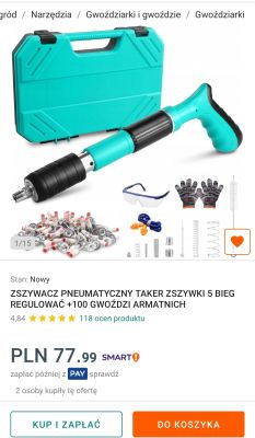 Pneumatyczny taker (zszywacz) z walizką, zestawem gwoździ, okularami ochronnymi, rękawicami i akcesoriami.