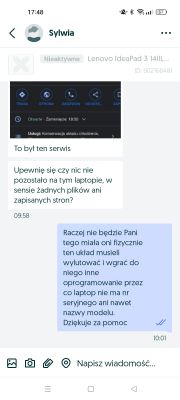 Zrzut ekranu z aplikacji do wiadomości z rozmową dotyczącą serwisu laptopa.