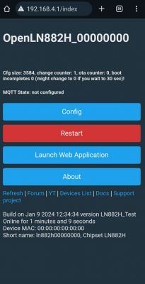 Screenshot of the OpenLN882H user interface with options for configuration and restart.