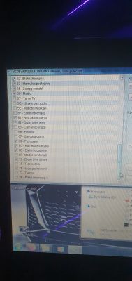 Zrzut ekranu interfejsu oprogramowania diagnostycznego VCDS z listą sterowników w samochodzie.