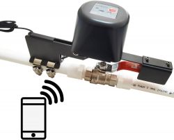 Tokatuker WiFi Water Valve Controller WiFi valve controller with Bluetooth mounted on a pipe, with a smartphone symbol.