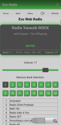 Evo Web Radio app interface showing station name, volume, and memory bank selection