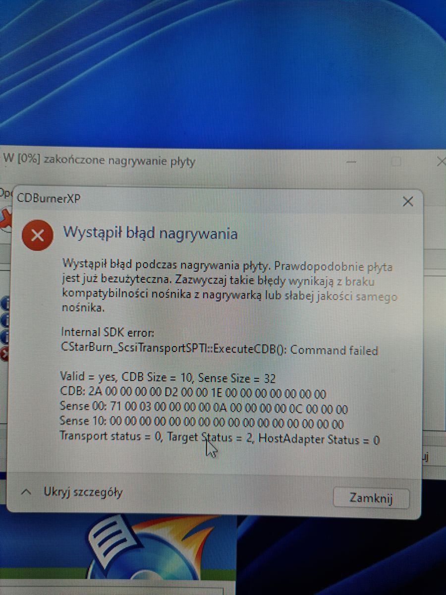 Błąd nagrywania na LiteOn eBAU108 w CDBurnerXP brak kompatybilności nośnika?
