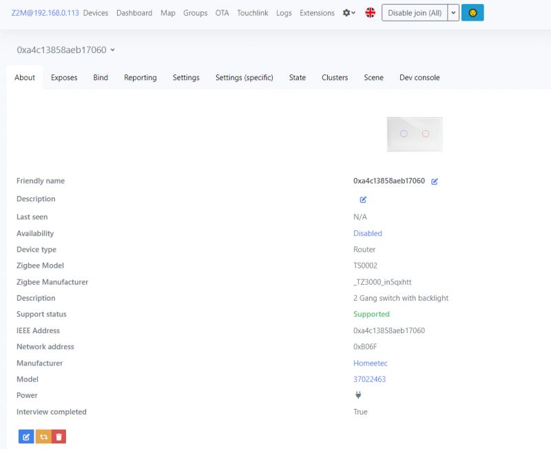 Zigbee Switch Configuration in Home Assistant Screenshot of Zigbee light switch configuration in Home Assistant