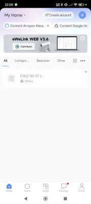 App screen showing DW2-Wi-Fi-L device offline.