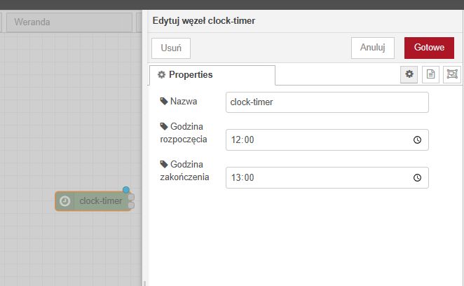 Editing the clock-timer node in the application Edit window for the clock-timer node with fields for name, start time, and end time.