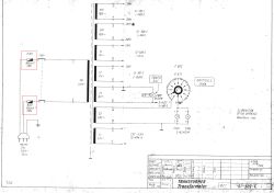 Fragment schematu zasilacza oscyloskopu OS-710 z transformatorem i bezpiecznikami