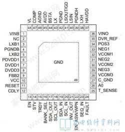 Pinout diagram of an integrated circuit with labeled pins.