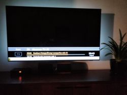 Telewizor OLED Philips z podwójnym paskiem na ekranie podczas przełączania kanałów.