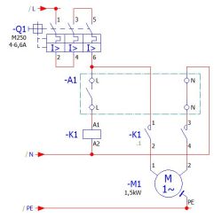 Schemat elektryczny podłączenia 1-fazowego wyłącznika silnikowego M250 z silnikiem jednofazowym.