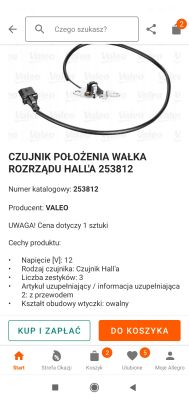 Czujnik położenia wałka rozrządu Hall'a z przewodem i złączem, model Valeo 253812