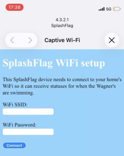 Ekran konfiguracji Wi-Fi urządzenia SplashFlag z polami SSID i hasła