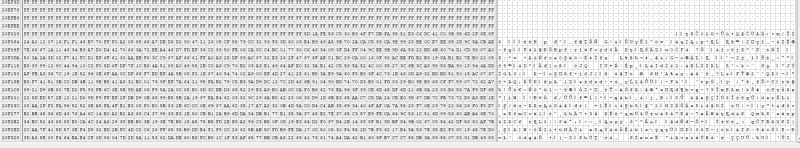 Hex editor screenshot showing mostly 0xFF bytes with some non-zero data below