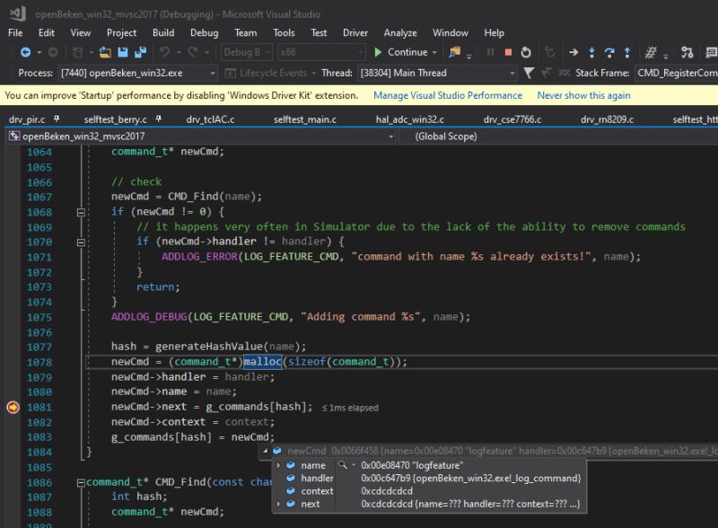 Debugging C Code in Visual Studio Screenshot of Visual Studio showing C code file open during debugging, related to command management.