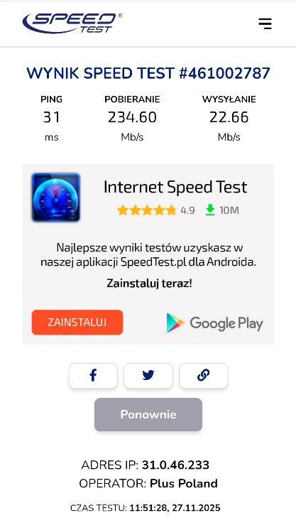 Wynik testu prędkości internetu z aplikacji SpeedTest.pl na telefonie