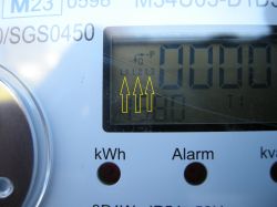 Licznik energii elektrycznej z wyświetlaczem i oznaczeniami L1, L2, L3 wskazującymi trzy fazy.
