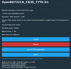 User interface of OpenBK7231N_CB3S_TYTE-D1 displaying temperature information and configuration options.