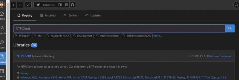 Suche nach der NTPClient-Bibliothek in PlatformIO Screenshot, der die Bibliothekssuchoberfläche für NTPClient in PlatformIO zeigt.