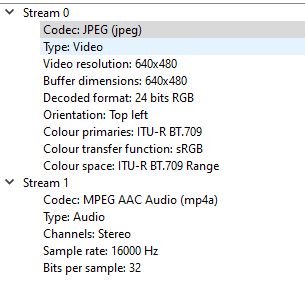 Screenshot showing codec and technical details for video and audio streams in a media file.