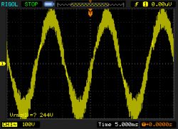 Voltage Signal Waveform from Oscilloscope Voltage signal waveform from an oscilloscope displaying 244V RMS.